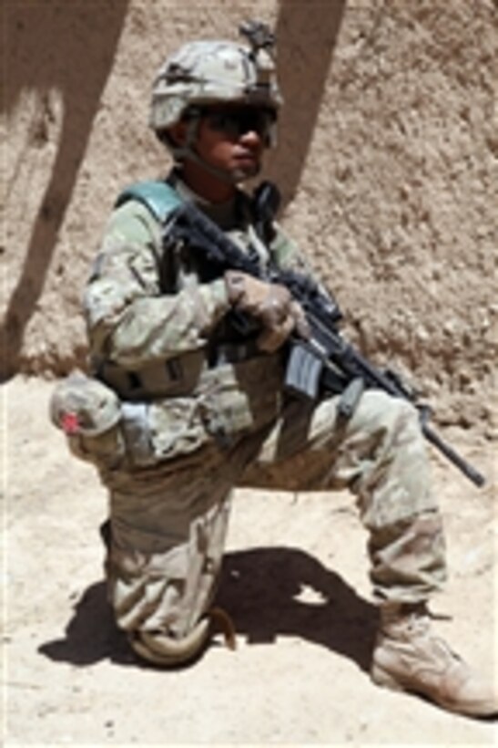 U.S. Army Sgt. Christopher Tagoon takes a knee while providing security during a search for weapons caches in the village of Mereget, Kherwar district, Logar province, Afghanistan, on May 10, 2011.  Tagoon is with Delta Company, 2nd Battalion, 30th Infantry Regiment, 4th Brigade Combat Team, 10th Mountain Division.  