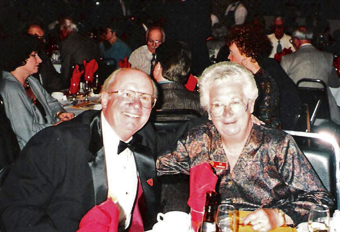 The late James McGruder and his wife Pat McGruder enjoy the annual Iwo Jima Commemorative Committee banquet. The committee brings Iwo Jima combat veterans and their families together four to five times a year to honor past battles. After her husband’s death in 2005, Pat sought to respect his memory and continue to act as secretary at committee functions. Pat was the first woman to ever serve on the committee before she passed away this year.