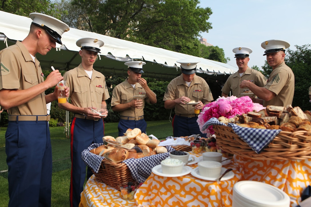 Marines from 2nd Marine Aircraft Wing detachments, currently attached to the 24th Marine Expeditionary Unit, enjoy food at Gracie Mansion May 26. The New York City  mayor, the Honorable Michael Bloomberg, invited Marines, Sailors, veterans and community leaders to the mansion in light of Fleet Week New York 2011. Various units from II Marine Expeditionary Force and Marines Forces Reserve have organized under the 24th MEU to form the Special Purpose Marine Air Ground Task Force - New York. The Marines embarked on the Navy’s Amphibious Assault Ships, the USS Iwo Jima (LHD -7) and USS New York (LPD-21) to take part in Fleet Week New York 2011 from May 25 to June 1. They will showcase the capabilities of the MAGTF, and also honor those who have served by participating in various events during the Memorial Day weekend.