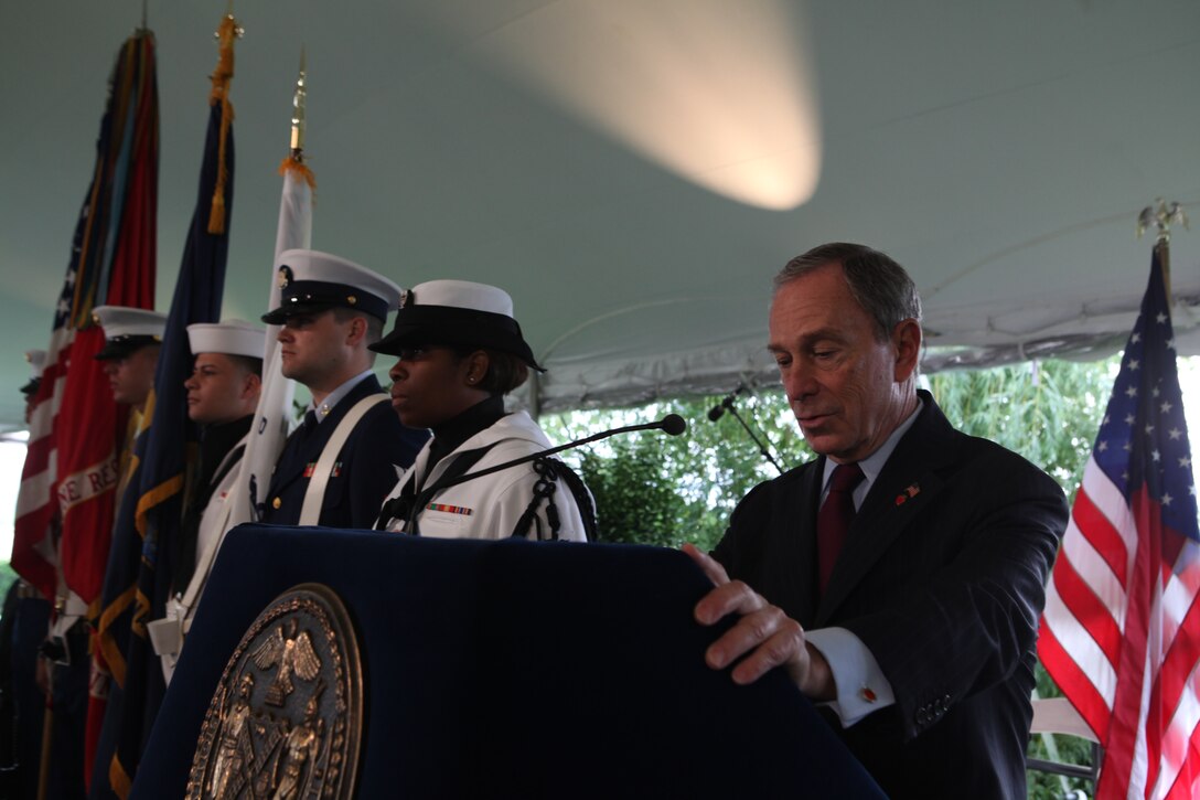 New York City's mayor, the Honorable Michael Bloomberg, speaks to Marines, Sailors, veterans and community leaders at Gracie Mansion May 26, to help kick off Fleet Week New York 2011.  Various units from II Marine Expeditionary Force and Marines Forces Reserve have organized under the 24th MEU to form the Special Purpose Marine Air Ground Task Force - New York. The Marines embarked on the Navy’s Amphibious Assault Ships, the USS Iwo Jima (LHD -7) and USS New York (LPD-21) to take part in Fleet Week New York 2011 from May 25 to June 1. The Marines will showcase the capabilities of the MAGTF, and also honor those who have served by participating in various events during the Memorial Day weekend.