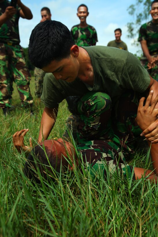 Lance Cpl. Andy Rivera, a rifleman from 2nd Platoon, Landing Force Company, grapples with an Indonesian Marine from 6th Battalion, 2nd Brigade, Korps Marinir, during martial arts training. Landing Force Company, comprised primarily of Marines from 2nd Battalion, 23rd Marine Regiment and 4th Assault Amphibian Battalion, 4th Marine Division, is participating in Cooperation Afloat Readiness and Training (CARAT) 2011. CARAT is an annual series of bilateral exercises held between the U.S. and Southeast Asian nations with the goals of enhancing regional cooperation, promoting mutual trust and understanding, and increasing operational readiness.  While in Indonesia, the service members from both nations will train together on martial arts, military operations on urban terrain, jungle warfare, combat marksmanship and combat lifesaving. (U.S. Marine Corps Photo by Cpl. Aaron Hostutler)