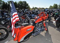 More than 450 motorcycles fill the parking lot of Gruene Harley-Davidson in New Braunfels prior to the San Antonio Ride 4 Troops May 14. The Lackland Green Knights' motorcycle club participated in the ride, raising more than $20,000 for local Fisher Houses. (U.S. Air Force photo/Alan Boedeker)