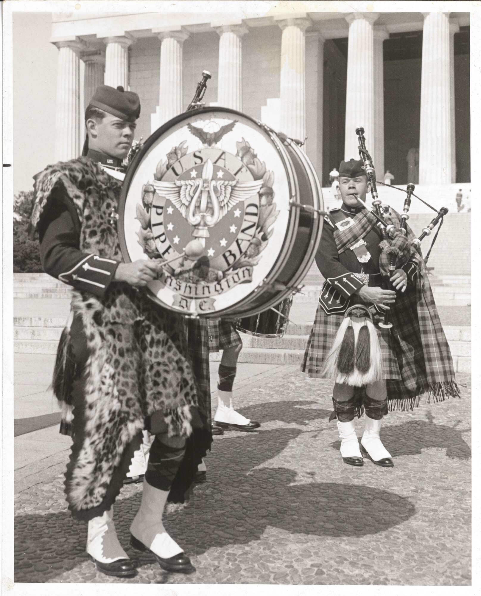 Members of The United States Air Force Band’s Bagpipe Band prepare to perform in front of the Lincoln Memorial in Washington, D.C.  If you have any information about this photograph or the members featured, please email our Band Historian <a href="mailto:usafbandhistorian@afncr.af.mil">Tech. Sgt. Tracey MacDonald</a>. We are also looking for general information or recollections about the USAF Bagpipe Band.  Thank you and we look forward to hearing from you!  This is Photo 46. (Unknown Photographer)
