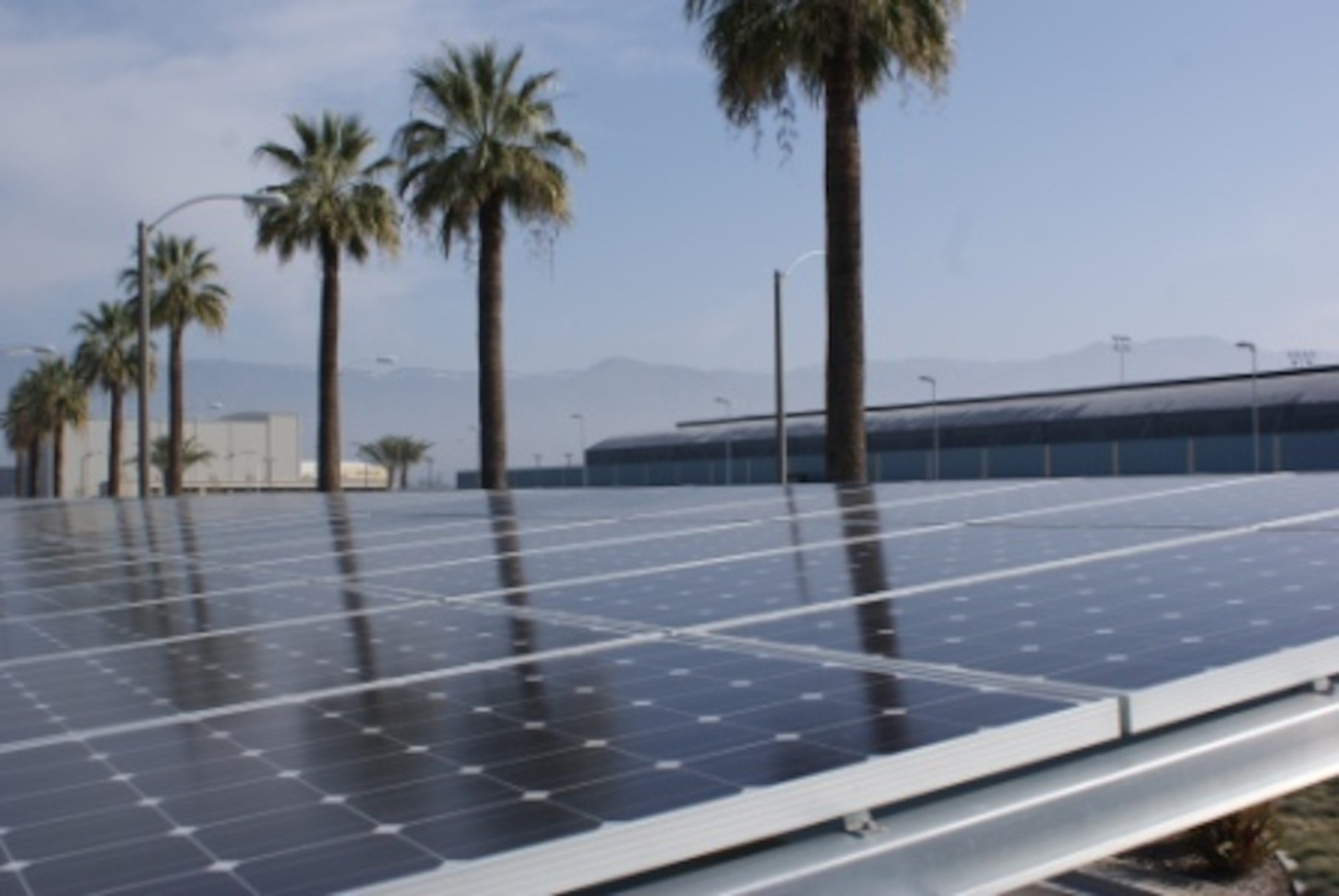 San Bernardino International Airport, located on the former Norton AFB, installed a solar parking lot that generated enough energy to offset utility bills at the airport terminal. [Photos courtesy of Inland Valley Development Agency]
