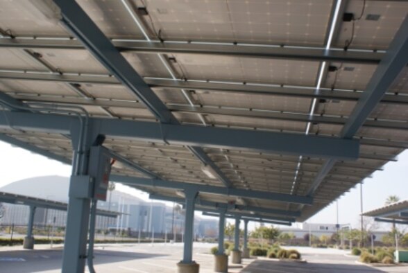 Check out the live data from this new solar parking lot at the former Norton AFB online at <a href="http://live.deckmonitoring.com/?id=sbiaa_terminal_pv ">http://live.deckmonitoring.com/?id=sbiaa_terminal_pv.</a> Interactive readouts show the amount of energy generated to date. [Photos courtesy of Inland Valley Development Agency]

