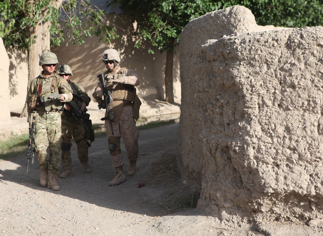 Master Sgt. Andrew Michaelson, the Georgian Liaison Team chief for Regimental Combat Team 8, performs an area patrol with soldiers from the Georgian Army’s 33rd Light Infantry Battalion, May 28.  The GLT advises the 33rd Battalion and supports the Georgian’s efforts while they serving in Afghanistan.  Michaelson is a Gig Harbor, Wash. native.