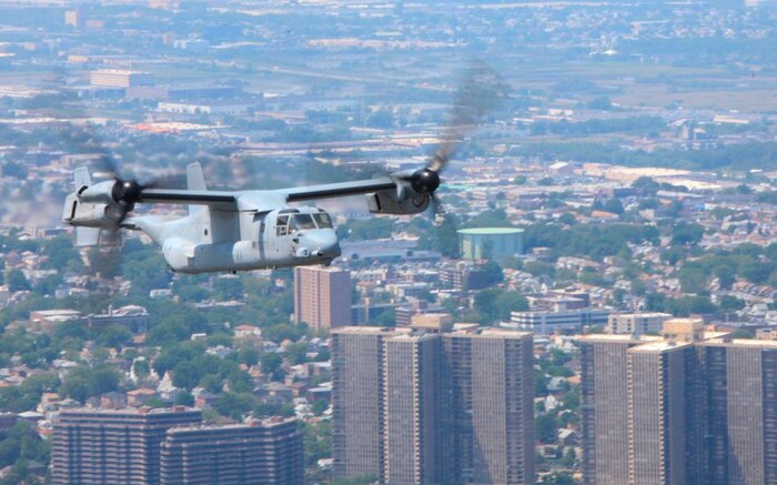 A U.S. Marine Corps MV-22 Osprey from 2nd Marine Aircraft Wing flies over New York City during Fleet Week May 25 to June 1. Belize citizens will have a unique opportunity to see the United States Marine Corps’ newest combat utility aircraft in action in September when the 2nd MAW visits to conduct training in Belize.