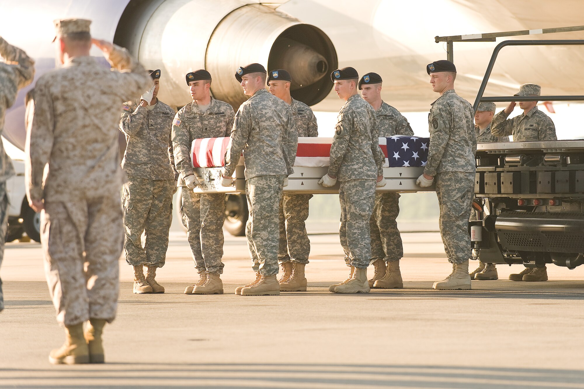 A U.S. Army carry team transfers the remains of Army Chief Warrant Officer Christopher R. Thibodeau, of Chesterland, Ohio, at Dover Air Force Base, Del., May 28, 2011. Thibodeau was assigned to the 1st Battalion, 4th Combat Aviation Brigade, Fort Hood, Texas. (U.S. Air Force photo/Roland Balik)