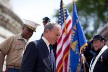 NEW YORK - New York Mayor Michael Bloomberg walks down from the Soldiers' and Sailors' Monument after laying a wreath in honor of Memorial Day and escorted by Harlem Youth Marine Cadets, May 30. He was joined by Major Gen. Richard Mills, a Huntington, N.Y., native,  and a number of Fleet Week New York Marines and sailors. More than 3,000 Marines, Sailors and Coast Guardsmen in the area participating in community outreach events and equipment demonstrations as part of Fleet Week New York 2011. This is the 27th year New York has hosted the sea services for Fleet Week. (Official Marine Corps photo by Sgt. Randall A. Clinton / RELEASED)