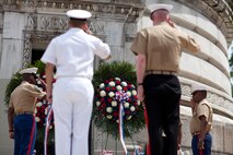 NEW YORK - Major Gen. Richard Mills, a Huntington, N.Y., native, salutes a Memorial Day wreath laid at the Soldiers' and Sailors' Monument, May 30. More than 3,000 Marines, Sailors and Coast Guardsmen in the area participating in community outreach events and equipment demonstrations as part of Fleet Week New York 2011. This is the 27th year New York has hosted the sea services for Fleet Week. (Official Marine Corps photo by Sgt. Randall A. Clinton / RELEASED)