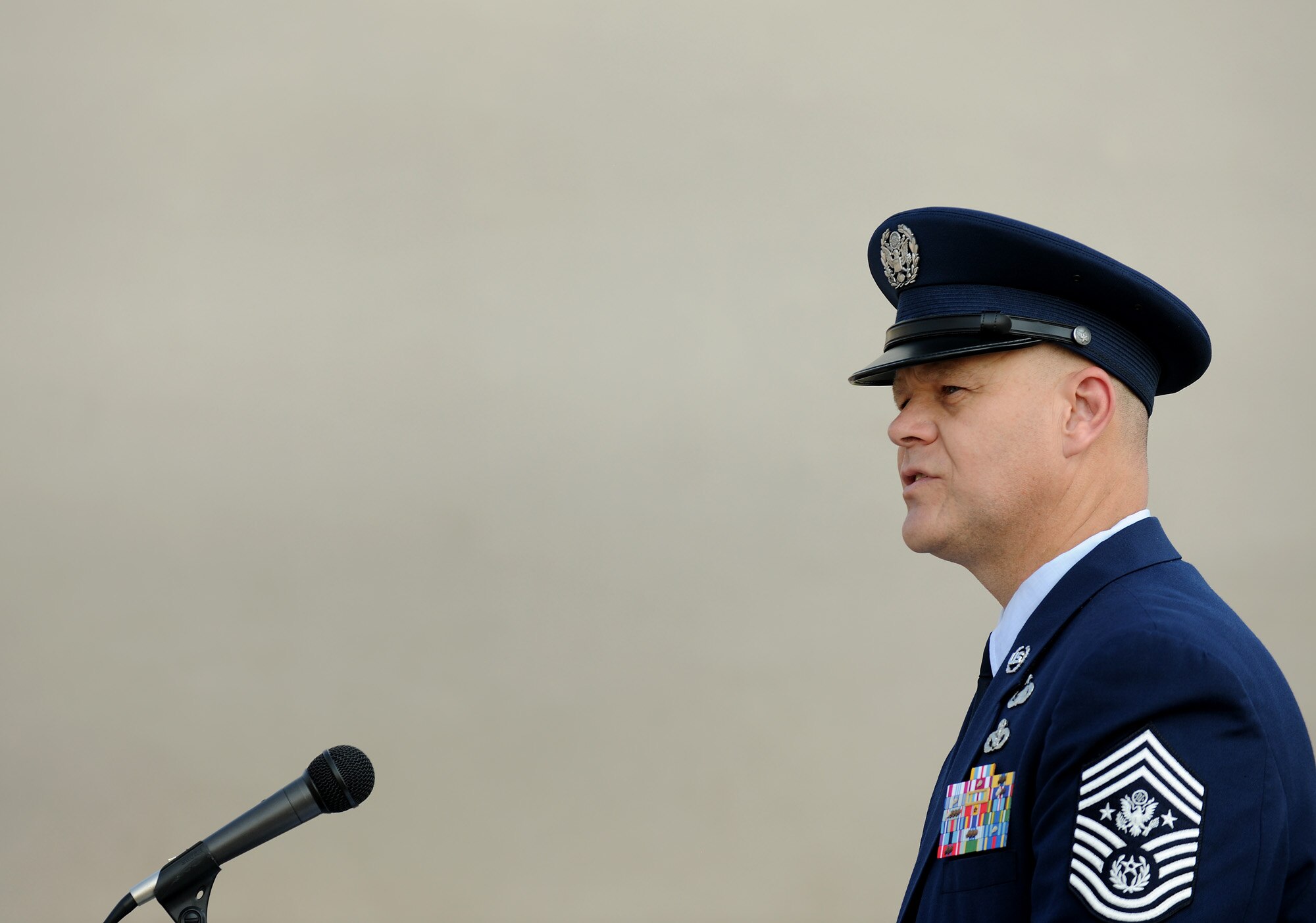 Chief Master Sgt. of the Air Force James Roy reads the names of Airmen who were lost in combat in the past year during a Memorial Day ceremony May 30, 2011, at the Air Force Memorial in Arlington, Va.  The fallen heroes also were honored by wreaths that were presented by members of several organizations.  (U.S. Air Force photo/Scott M. Ash)