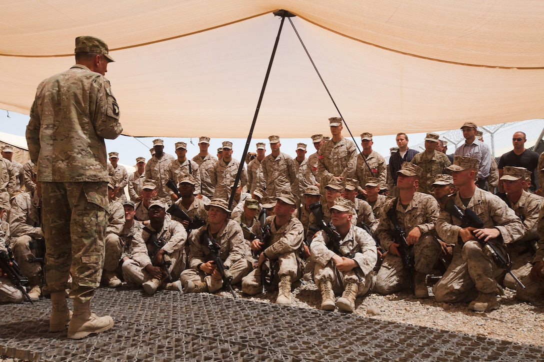 Gen. David Petraeus, the commanding general of International Security Assistance Force, addresses Regimental Combat Team 1 Marines and Sailors at Camp Dwyer, May 30. Petraeus visited Dwyer to evaluate counterinsurgency progress in Southern Helmand province, the region where RCT-1 operates.