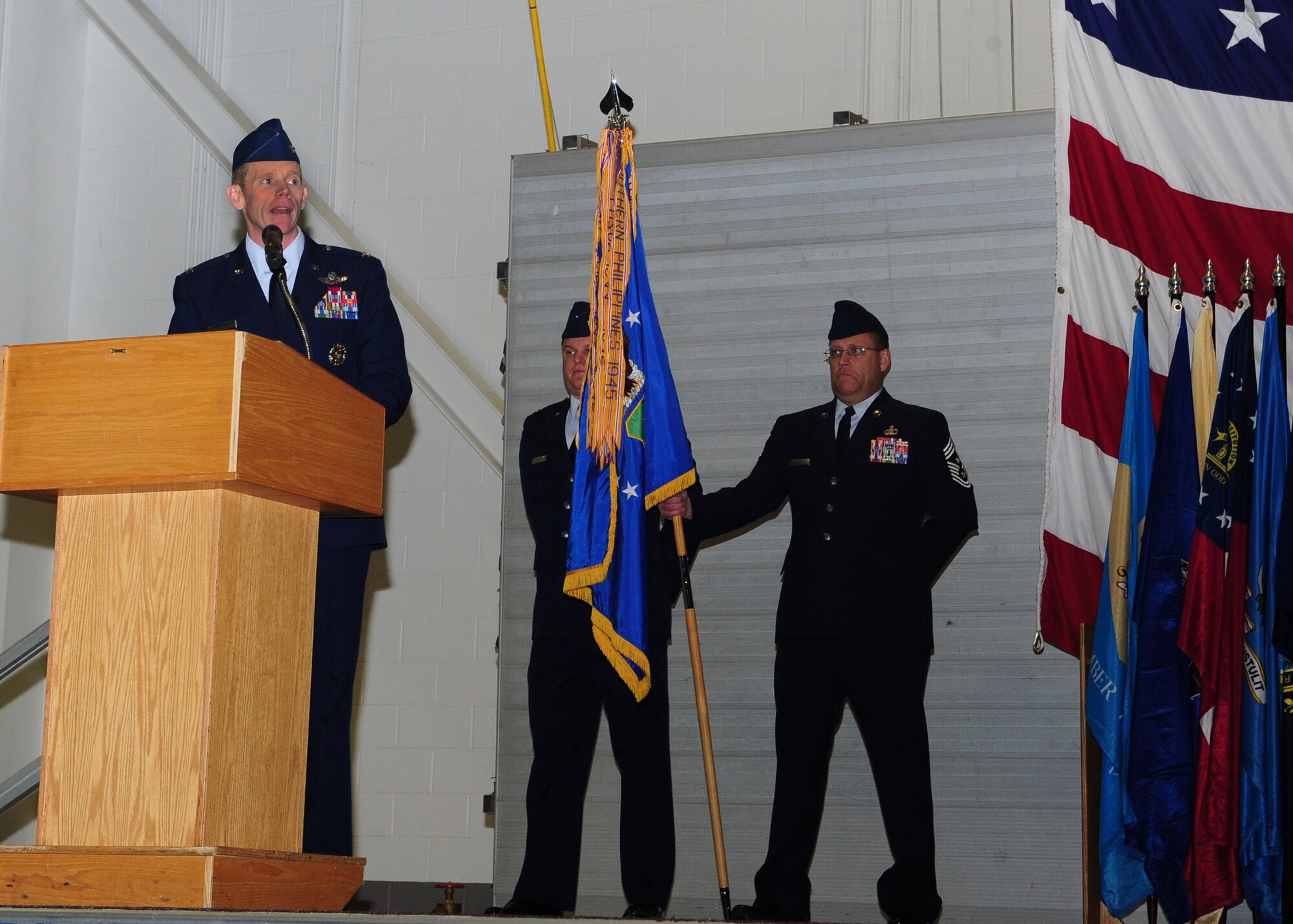 MINOT AIR FORCE BASE, N.D. -- Col. James Dawkins, 5th Bomb Wing commander, speaks to the Airmen after assuming command during the 5th Bomb Wing change of command ceremony here May 31. Colonel Dawkins will lead as the 51st commander of the 5th Bomb Wing “Warbirds.” The change of command ceremony is one of the Air Force’s time-honored traditions. (U.S. Air Force photo/Senior Airman Michael J. Veloz)