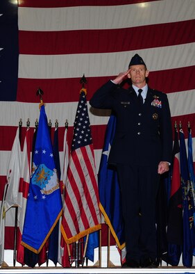MINOT AIR FORCE BASE, N.D. -- Col. James Dawkins, 5th Bomb Wing commander, receives his first salute from the wing during the 5th Bomb Wing change-of-command ceremony at Minot Air Force Base, N.D., May 31. Colonel Dawkins is the 51st commander of the 5th Bomb Wing “Warbirds.” The change-of-command ceremony is one of the Air Force’s time-honored traditions. (U.S. Air Force photo by Senior Airman Michael J. Veloz) 
