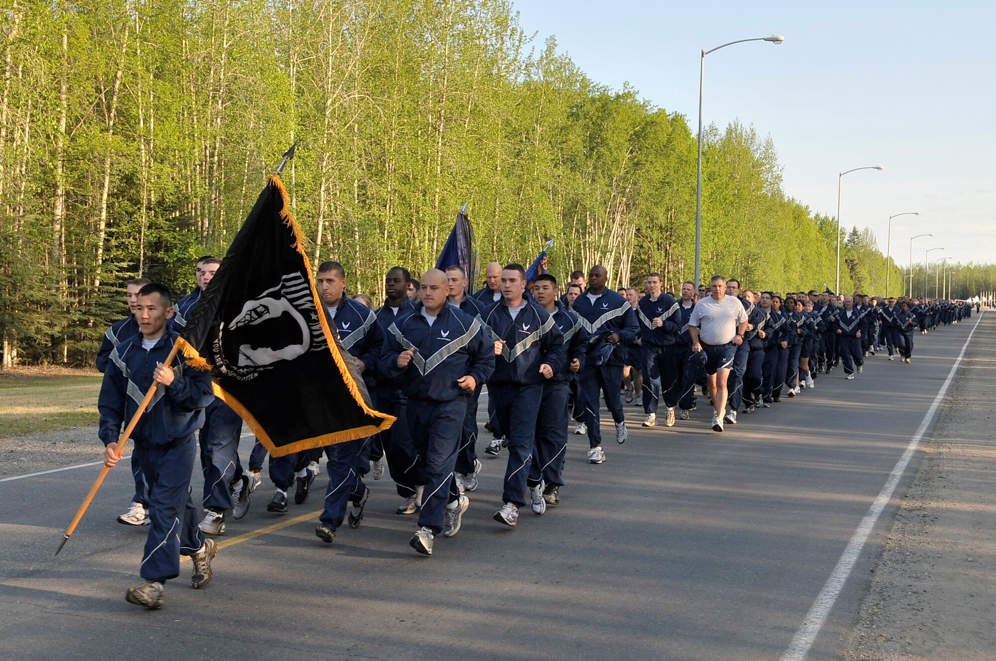Airmen of the 354th Fighter Wing participate in a wing run May 26, 2011, Eielson Air Force Base, Alaska. The run kicked off Memorial Day weekend which honors past members of the U.S. Armed Forces. (U.S. Air Force photo/Staff Sgt. Christopher Boitz)