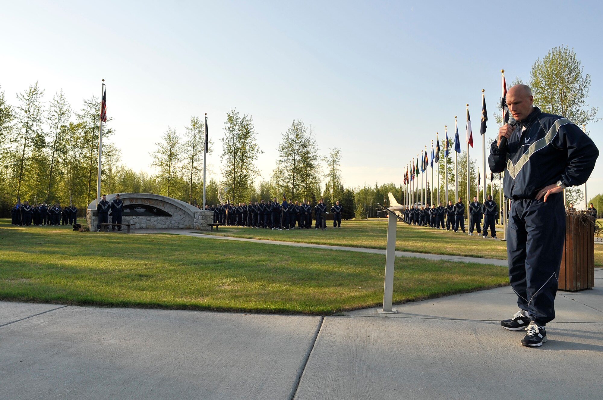 Brig. Gen. James N. Post III addresses Airmen of the 354th Fighter Wing at Heritage Park May 26, 2011, Eielson Air Force Base, Alaska. The event was followed by a wing run to remember past members of the U.S. Armed Forces. General Post is the 354th FW commander. (U.S. Air Force photo/Staff Sgt. Christopher Boitz)