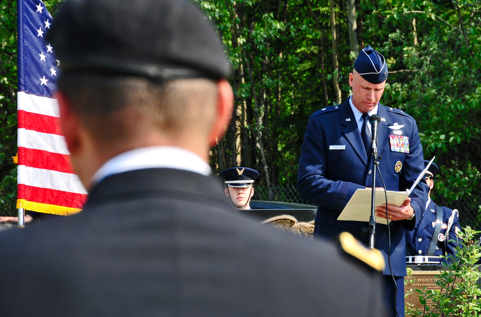 Brig. Gen. James N. Post III speaks during Birch Hill Memorial Day Service at the Birch Hill Cemetery May 30, 2011, Fairbanks, Alaska.  The American Legion Post 30 held services throughout Fairbanks in honor of all men and women who served in the U.S. Armed Forces.  General Post is the 354th Fighter Wing commander.   (U.S. Air Force photo/Staff Sgt. Miguel Lara III)
