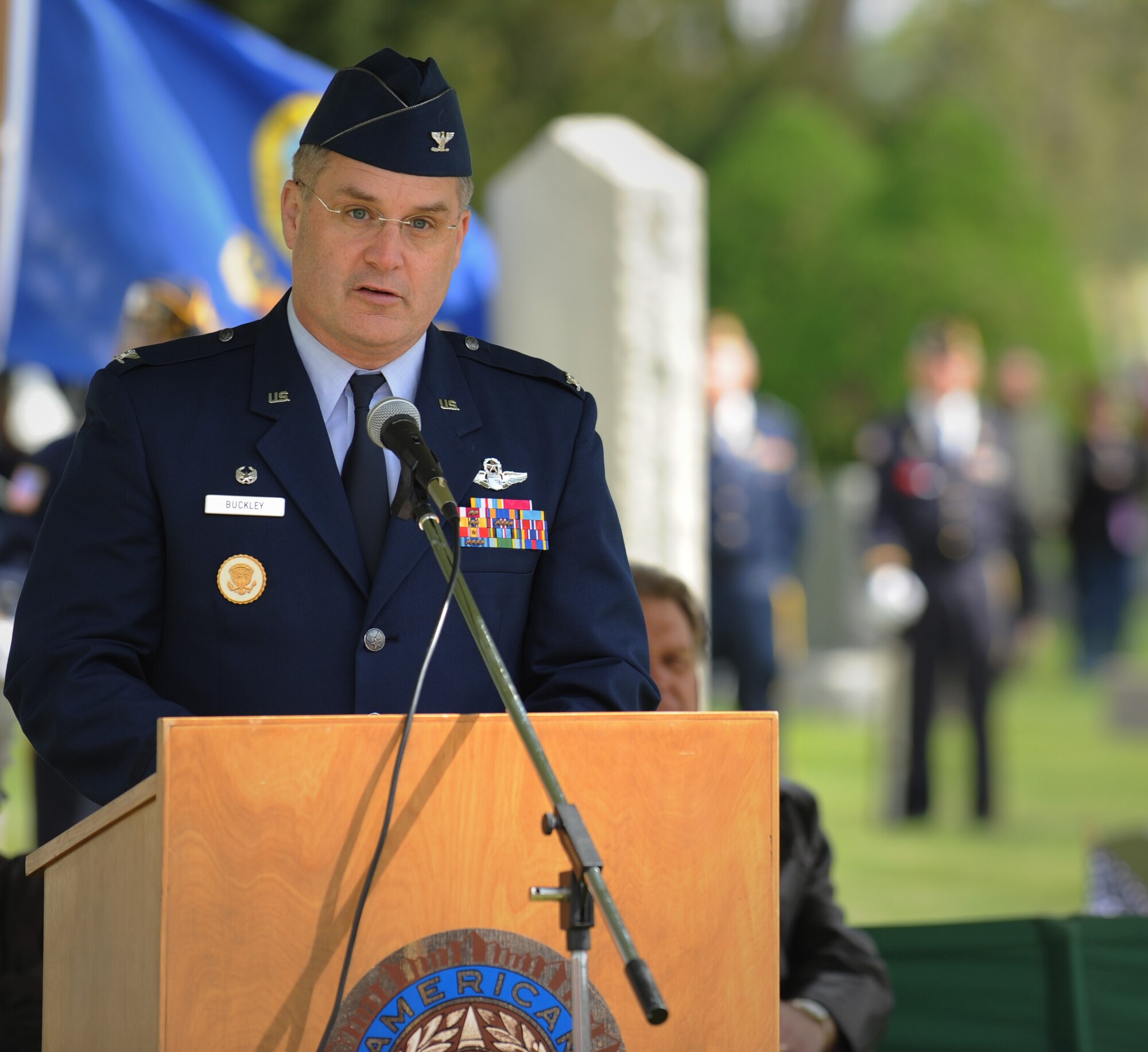 MOUNTAIN HOME, Idaho – Col. Ron Buckley, 366th Fighter Wing Commander, speaks to military members and local community members during a Memorial Day ceremony at Mountain View Cemetery here May 30. Colonel Buckley, who was the guest speaker, related a story about a military pilot friend he lost early in his  military career. (U.S. Air Force photo by Staff Sgt. Gina Chiaverotti-Paige) 