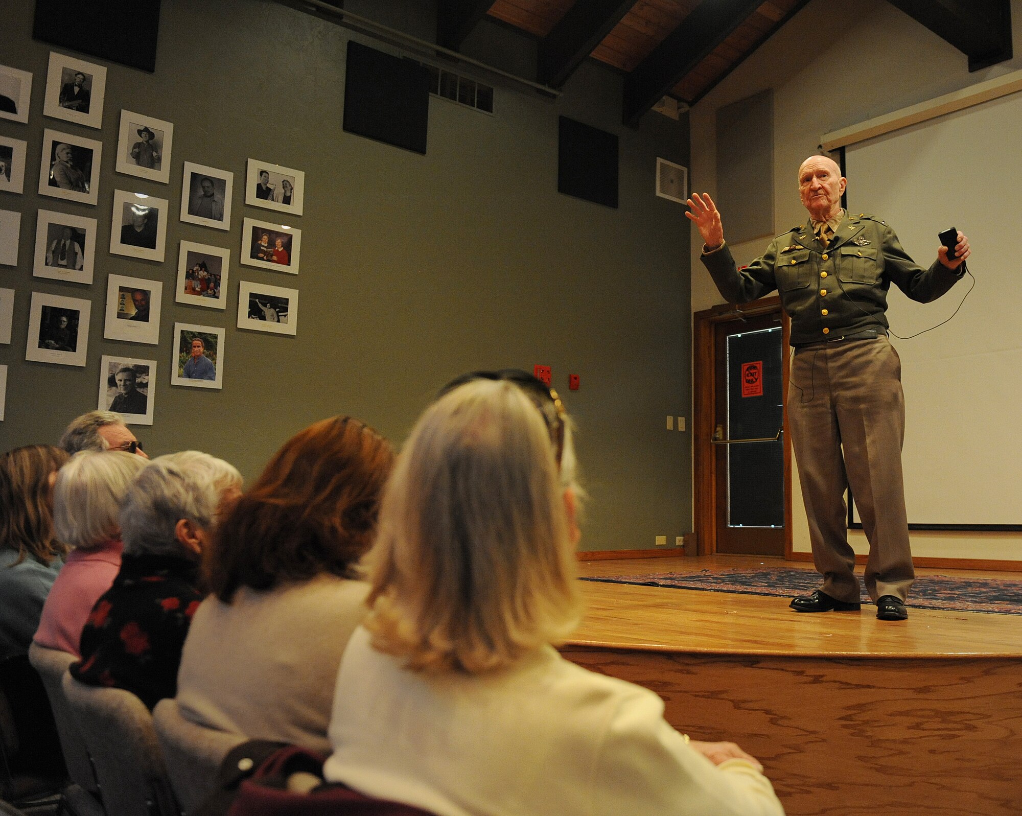 KETCHUM, Idaho -- Retired U.S. Air Force Col. Gail Halvorsen, also known as the candy bomber, speaks to members of the local community here May 26. Colonel Halvorsen spoke of what everyday life was like during the Berlin Airlift and also his historic mission, Operation Little Vittles. (U.S. Air Force photo by Staff Sgt. Gina Chiaverotti-Paige) 