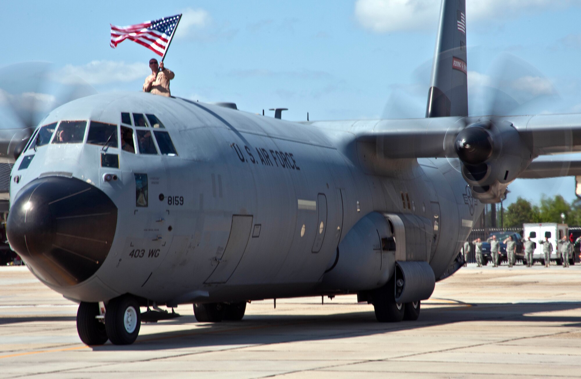 Two C-130J-30s carrying members of the 403rd Wing and 815th and 345th Airlift Squadrons returned to Keesler Air Force Base, Miss. from Afghanistan after deploying nearly 50 airmen in January.  (U.S. Air Force photo by Tech, Sgt. Tanya King)