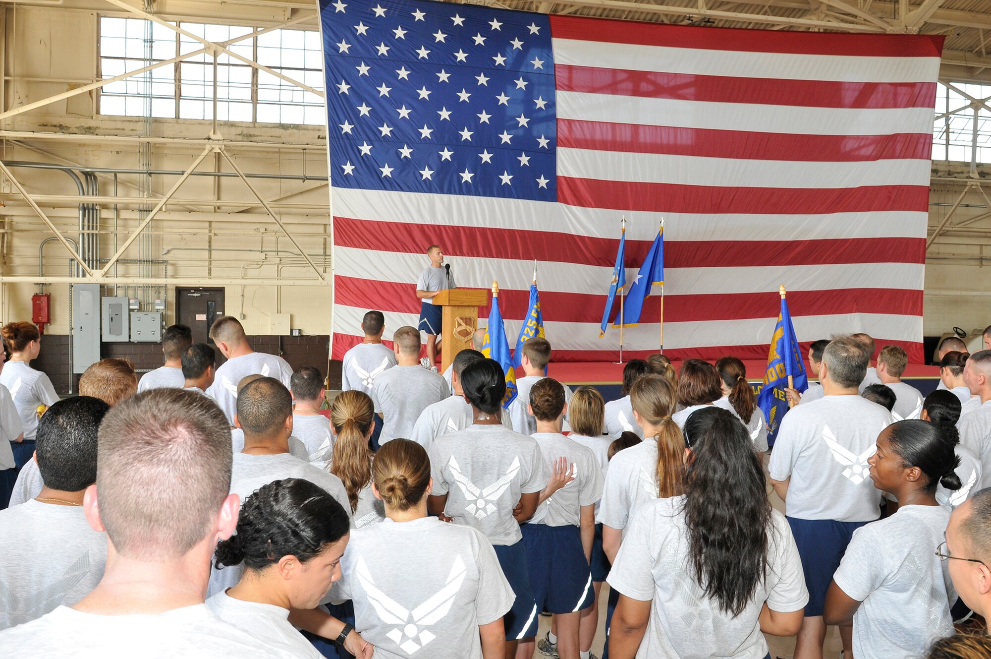 Lt. Col. Jason Costello, 325th Fighter Wing chief of safety, addresses
members of Team Tyndall during an all-call May 27. Colonel Costello shared
safety tips and information as part of Safety Day and the official start of
the 101 Critical Days of Summer May 27. The 101 Critical Days of Summer
typically run from Memorial Day to Labor Day, Air Force-wide. (U.S. Air Force photo by Lisa Norman)
