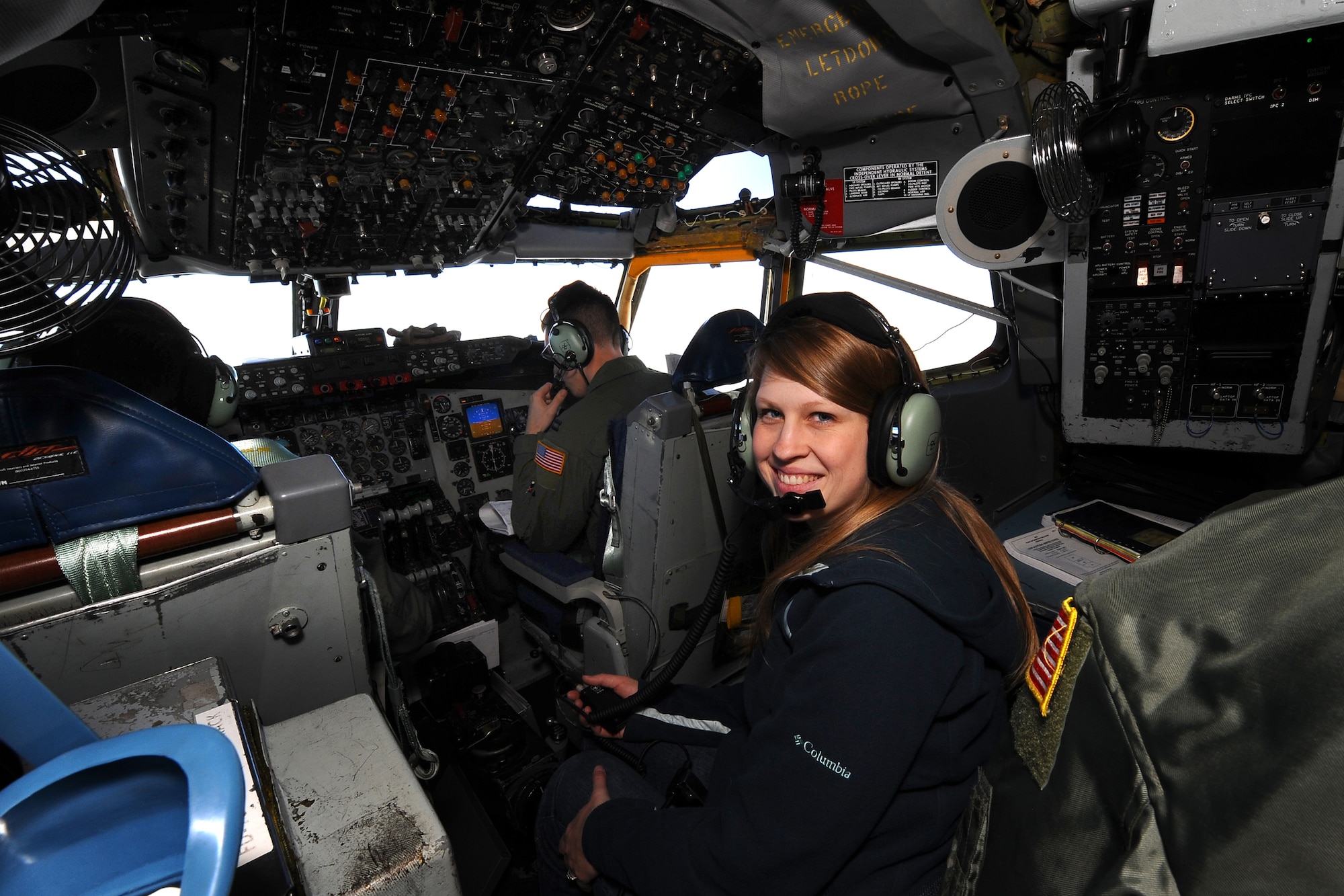 OFFUTT AIR FORCE BASE, Neb. - Megan Anderson, wife of Captain Christian Anderson a pilot for the 45th Reconnaissance Squadron, sits in the cockpit of the Open Skies OC-135B aircraft during an incentive flight hosted by the 45th RS here, May 21. Forty seats on two separate flights were reserved for the spouses of the 45th RS Airmen in order for them to get a first hand look at their spouse's daily operations.
U.S. Air Force Photo by Josh Plueger (released)