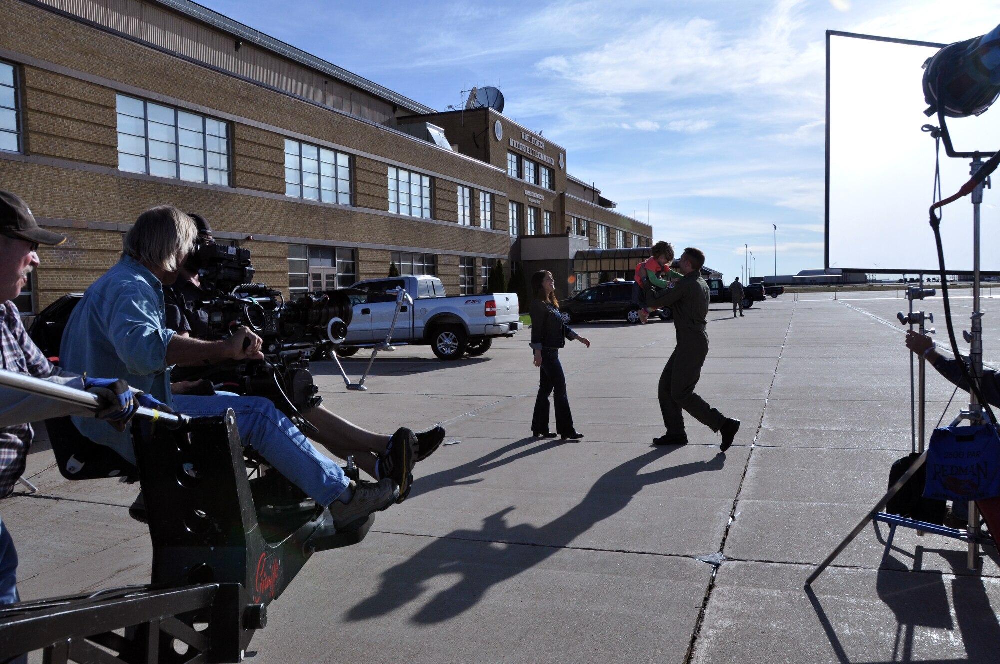 Maj. Bart Wilbanks, 419th Fighter Wing pilot, shoots his final scene for an Air Force Reserve public service announcement to be aired nationally in the fall. The commercial was shot May 25 and showed the major reuniting with his family, played by local actors. (U.S. Air Force photo/Airman Crystal Charriere)