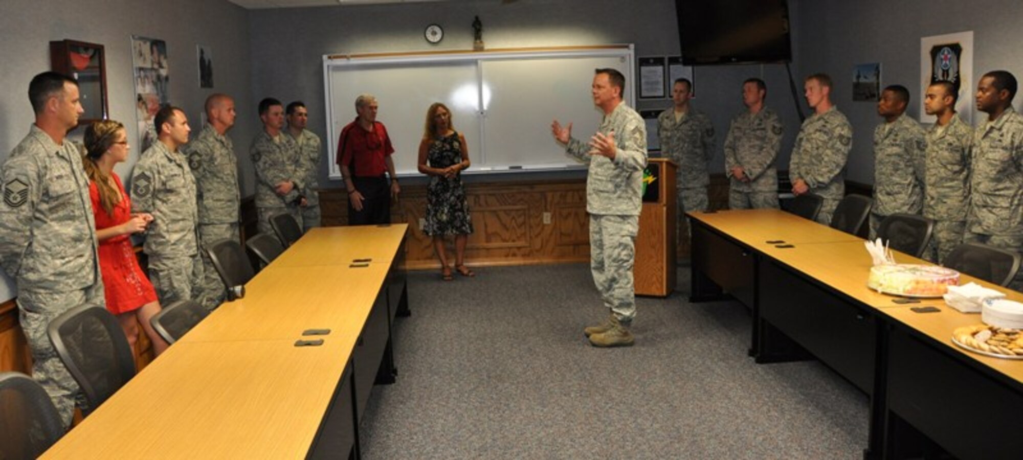 Chief Master Sgt. Malcolm McVicar, Airey Noncommissioned Officer Academy commandant, addresses students at the Tech. Sgt. John Chapman Flight Room dedication ceremony May 24. (U.S. Air Force photo by Airman 1st Class Christopher Reel) 