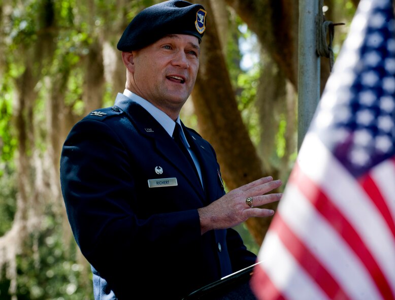 Col. Randall Richert, 820th Base Defense Group commander, gives a speech during a Memorial Day ceremony at the Sunset Hill Cemetery in Valdosta, Ga., May 30. During his speech, Colonel Richert asked everyone to take a moment and remember the sacrifices that were made to protect America’s freedoms. (U.S. Air Force photo/Senior Airman Benjamin Wiseman)(RELEASED)