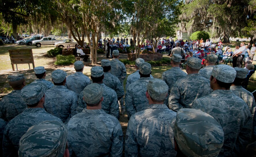 Members from the 820th Base Defense Group stand in formation during a Memorial Day ceremony at the Sunset Hill Cemetery in Valdosta, Ga., May 30. Nearly 30 members from the 820th BDG volunteered to come and participate in the ceremony. (U.S. Air Force photo/Senior Airman Benjamin Wiseman)(RELEASED) 
