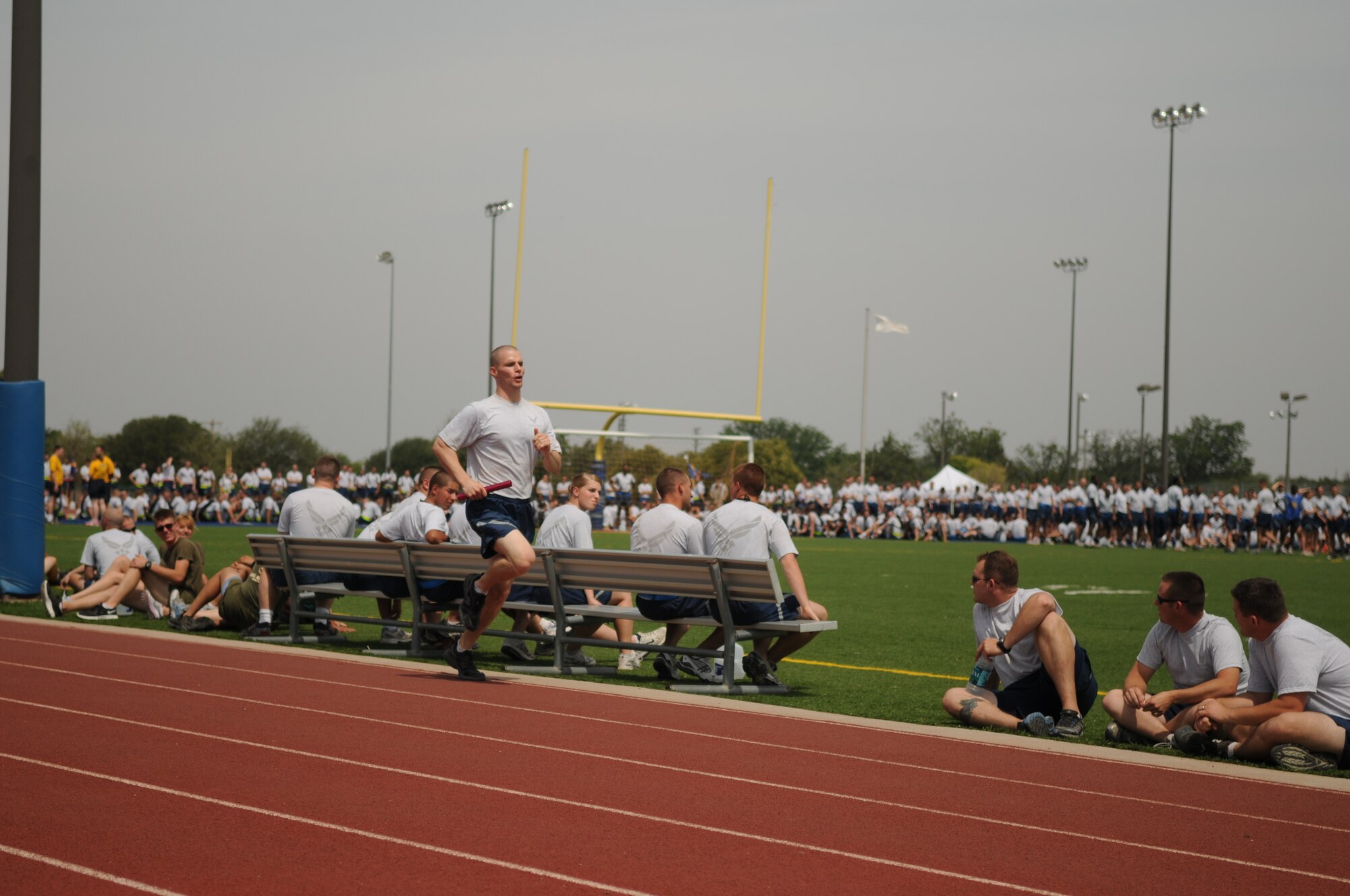 GOODFELLOW AIR FORCE BASE, Texas – Capt. Drew Werner, Deputy Commander of the 17th Force Support Squadron, participates in a one mile relay race May 27. Team Goodfellow devoted the day to safety and sports to kick off the 101 critical days of summer. (U.S. Air Force photo/Staff Sgt. Heather L Rodgers)