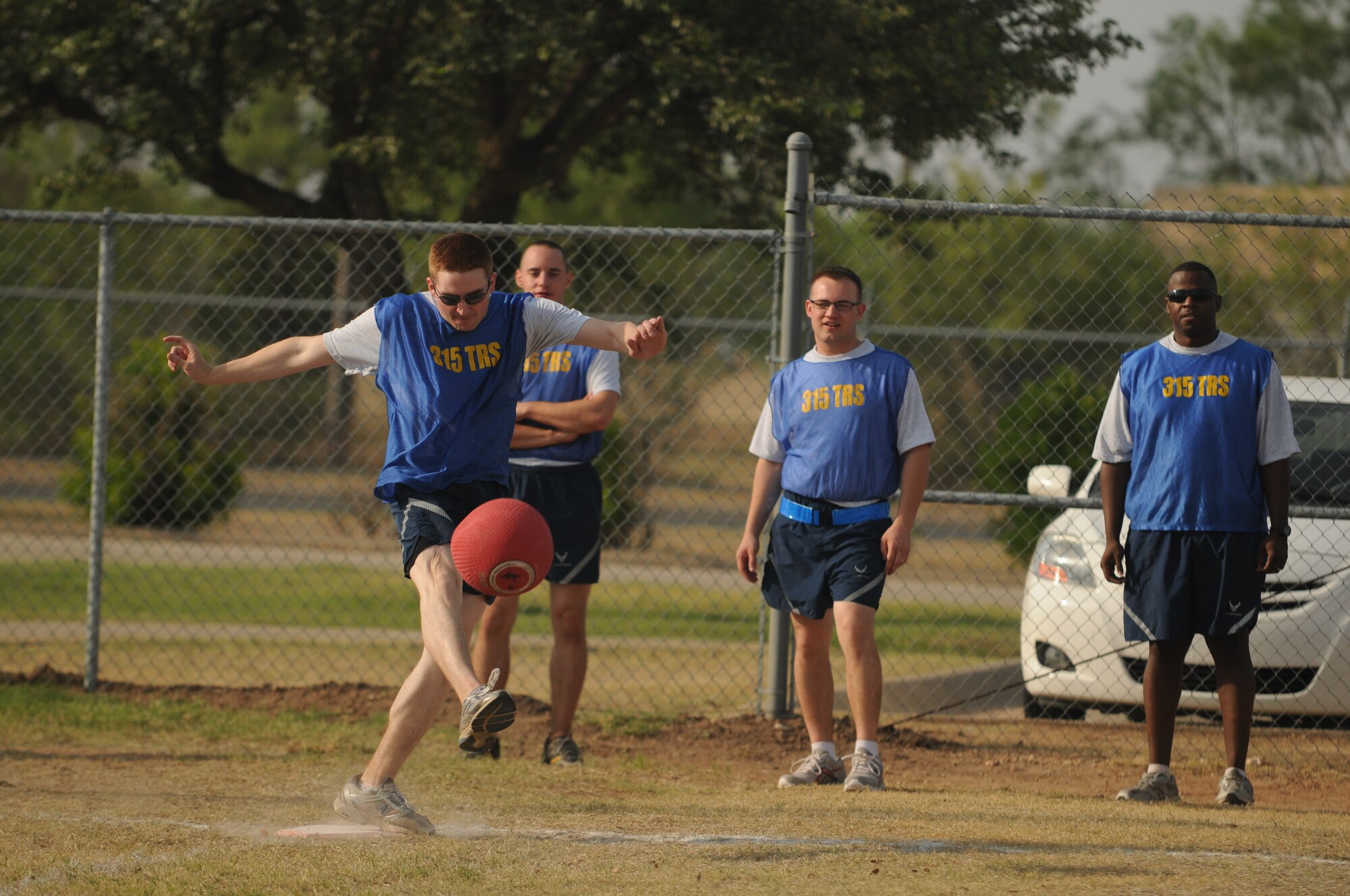 GOODFELLOW AIR FORCE BASE, Texas - Airmen from the 315th Training Squadron participate in a kickball game May 27. Team Goodfellow devoted the day to safety and sports to kick off the 101 critical days of summer. (U.S. Air Force photo/Staff Sgt. Heather L Rodgers)