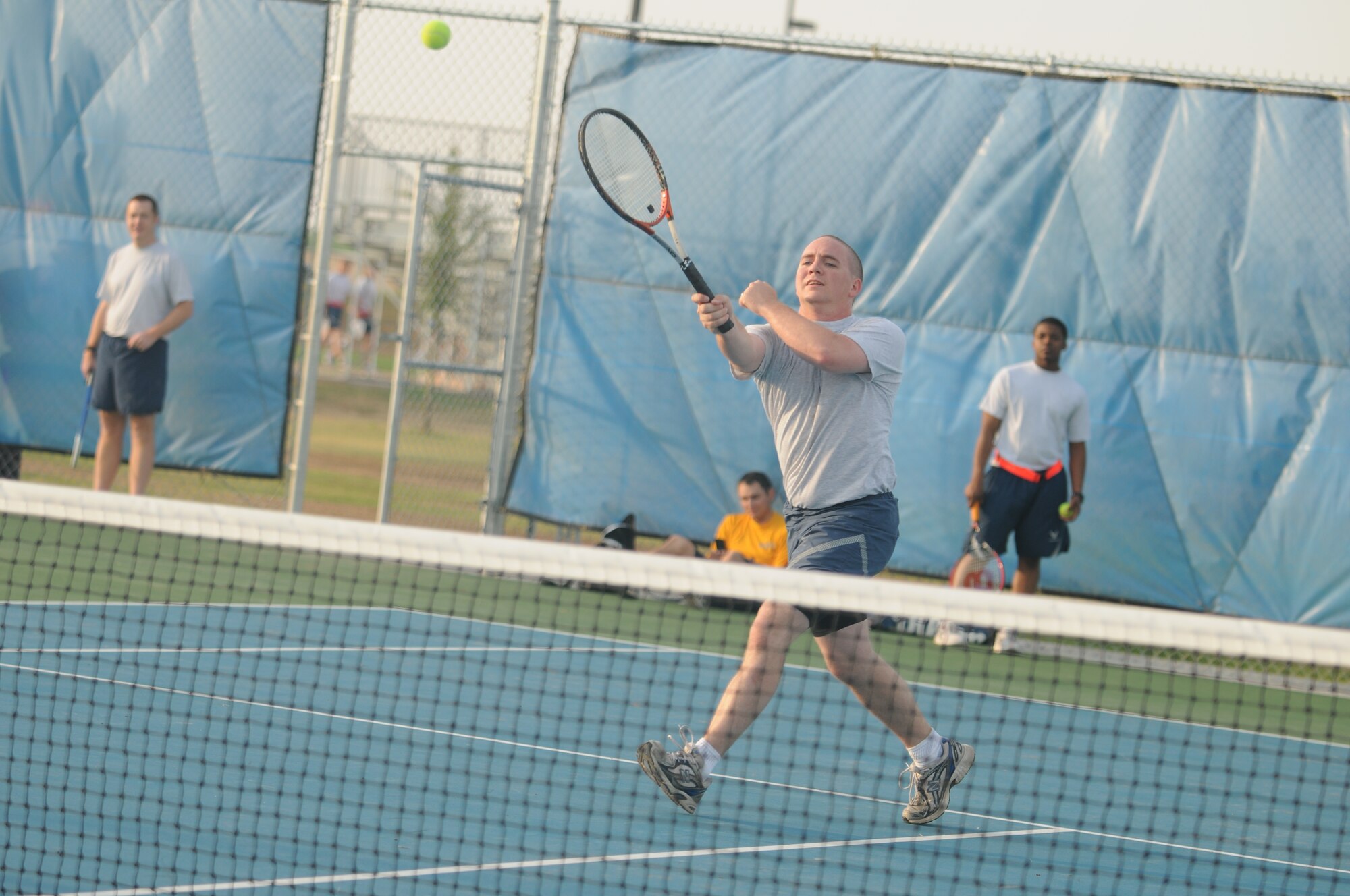 GOODFELLOW AIR FORCE BASE, Texas - Senior Airman John Yarbrough, 17th Communications Squadron plays in a tennis tournament May 27. Team Goodfellow devoted the day to safety and sports to kick off the 101 critical days of summer. (U.S. Air Force photo/Staff Sgt. Heather L Rodgers)