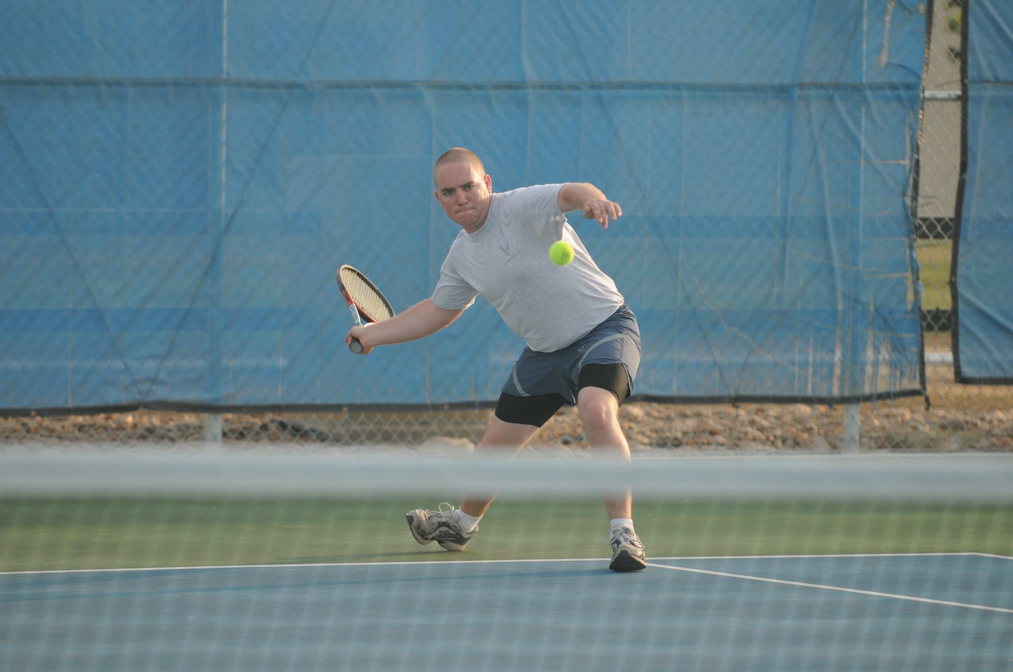 GOODFELLOW AIR FORCE BASE, Texas - Senior Airman John Yarbrough, 17th Communications Squadron, plays in a tennis tournament May 27. Team Goodfellow devoted the day to safety and sports to kick off the 101 critical days of summer. (U.S. Air Force photo/Staff Sgt. Heather L Rodgers)
