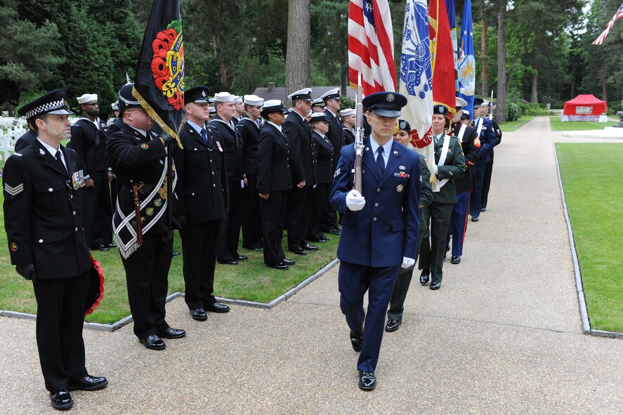 BROOKWOOD AMERICAN CEMETERY, United Kingdom - The Joint Intelligence Operations Center Honor Guard present the colors for a Memorial Day ceremony here May 29. (U.S. Air Force photo by Tech. Sgt. John Barton)