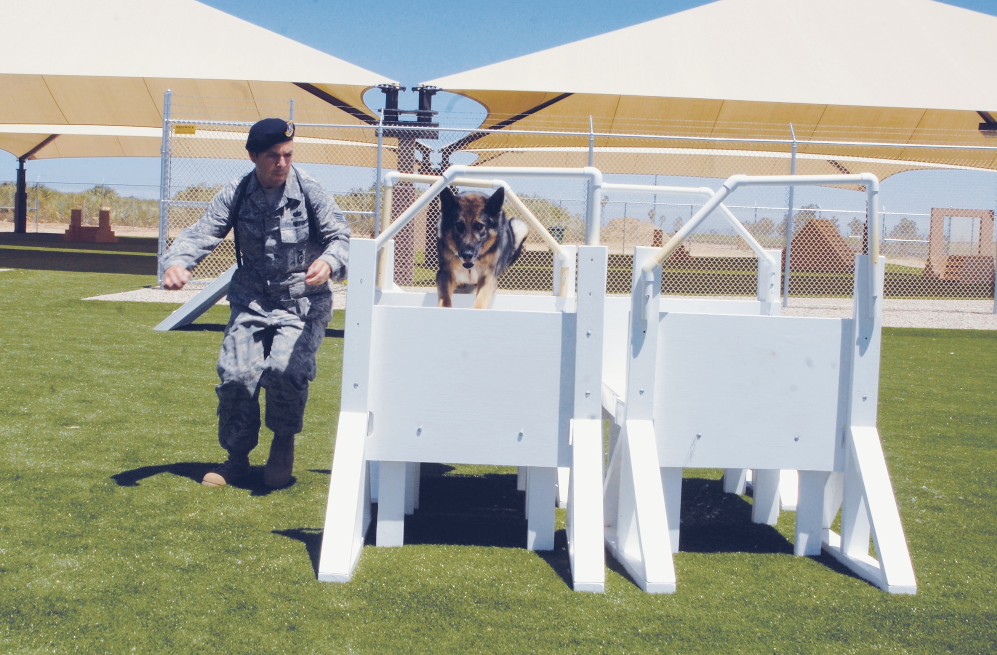 Staff Sgt. Gabriel Bravo, 56th Security Forces Squadron military working dog handler, has Rex jump through a simulated car window at the Luke Air Force Base MWD kennel May 23.  "The simulation is used in case a suspect is not coming out of the vehicle, we can send the dog in to help aid us in capturing the suspect," Sergeant Bravo said.  (U.S. Air Force photo by Airman 1st Class David Owsianka)