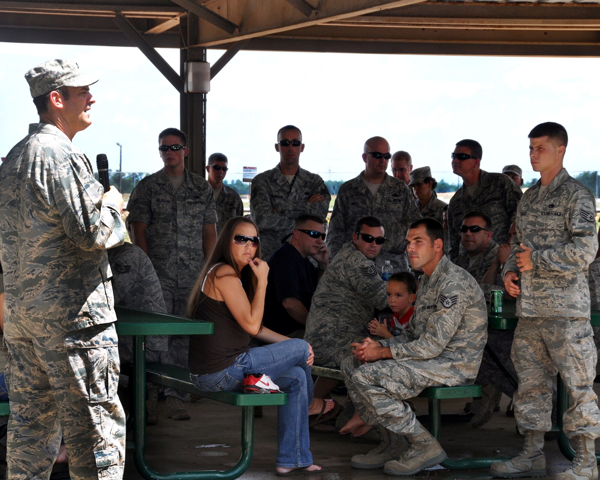 Col. Andrew Toth addresses members of the 33rd Fighter Wing he commands at Eglin
during the unit's open house event May 27. Air Force, Navy, Marine and contracted partners assigned to the DoD schoolhouse for F-35 maintainers and pilots had an opportunity give their first tour of the F-35 training campus to their loved ones. (U.S. Air Force photo/Chrissy Cuttita)
