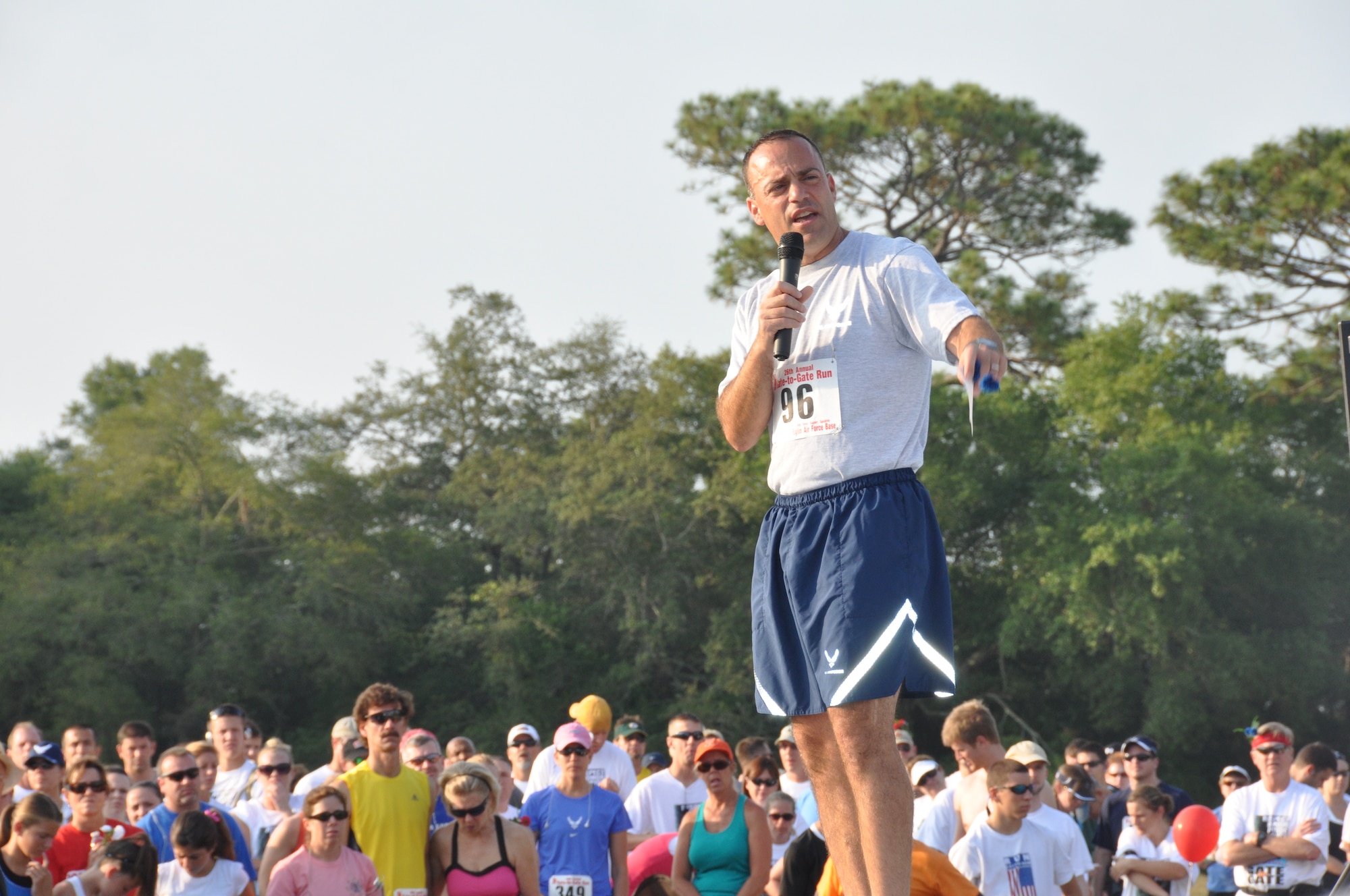 Col. Sal Nodjomian, 96 Air Base Wing commander, gives open remarks at Eglin's 26th Annual Gate-to-Gate Run honoring Memorial Day. The base traditional event drew 1,939 participants to the starting line of the 4.4. mile race course May 30. (U.S. Air Force photo/Chrissy Cuttita)