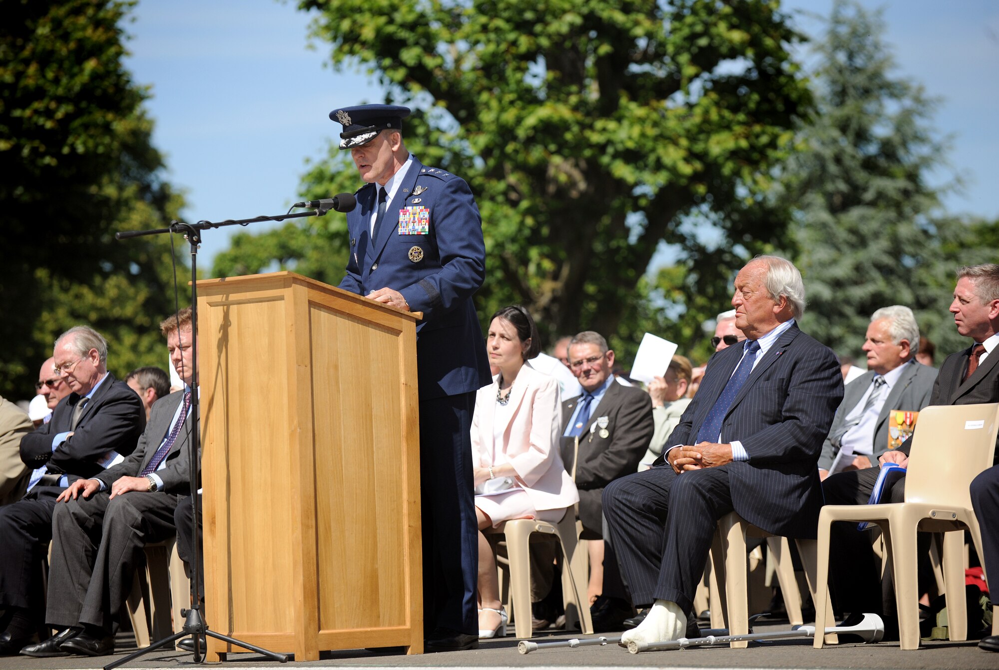 SAINT JAMES, France – U.S. Air Force Lt. Gen. Frank Gorenc, 3rd Air Force commander, speaks to distinguished guests during a memorial ceremony at Brittany American Cemetery and Memorial in Saint James, France, May 29. Brittany American Cemetery is the final resting place for 4,410 U.S. service members who died during the Normandy and Brittany campaigns of World War II in 1944. (U.S. Air Force photo/Senior Airman Nathanael Callon)