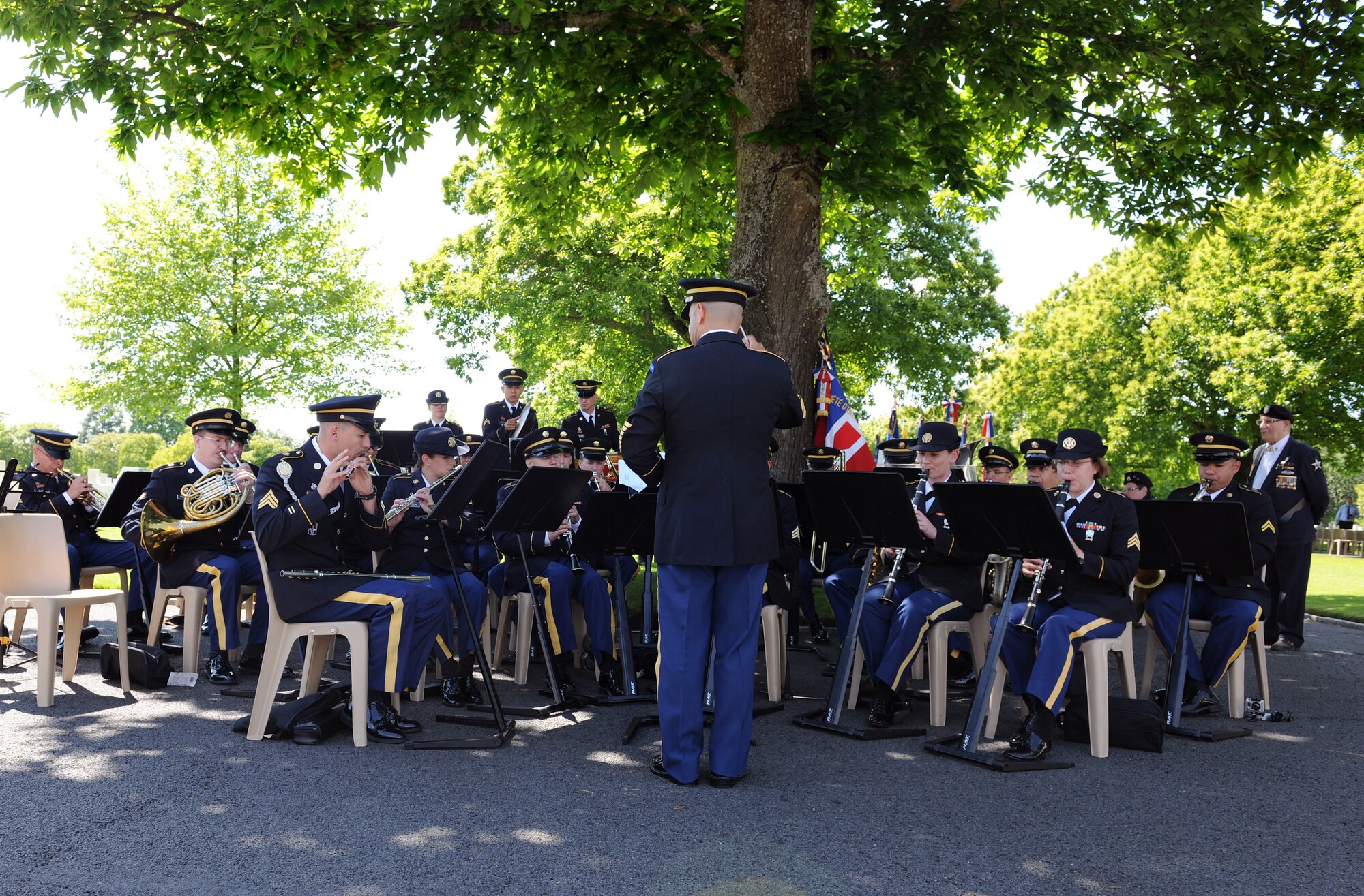 SAINT JAMES, France – Members of the U.S. Army Europe Band perform during a memorial ceremony at Brittany American Cemetery and Memorial in Saint James, France, May 29. Brittany American Cemetery is the final resting place for 4,410 U.S. service members who died during the Normandy and Brittany campaigns of World War II in 1944. (U.S. Air Force photo/Senior Airman Nathanael Callon)