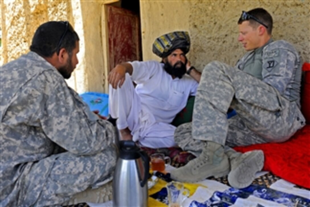 U.S. Air Force 1st Lt. Samuel Toso talks with Mullah Fida Mohammed in Deh Afghanan village, Afghanistan, on May 27, 2011.  Toso is assigned to Provincial Reconstruction Team Zabul, Arghandab detachment.  Members visited the village to discuss local governance with elders.  
