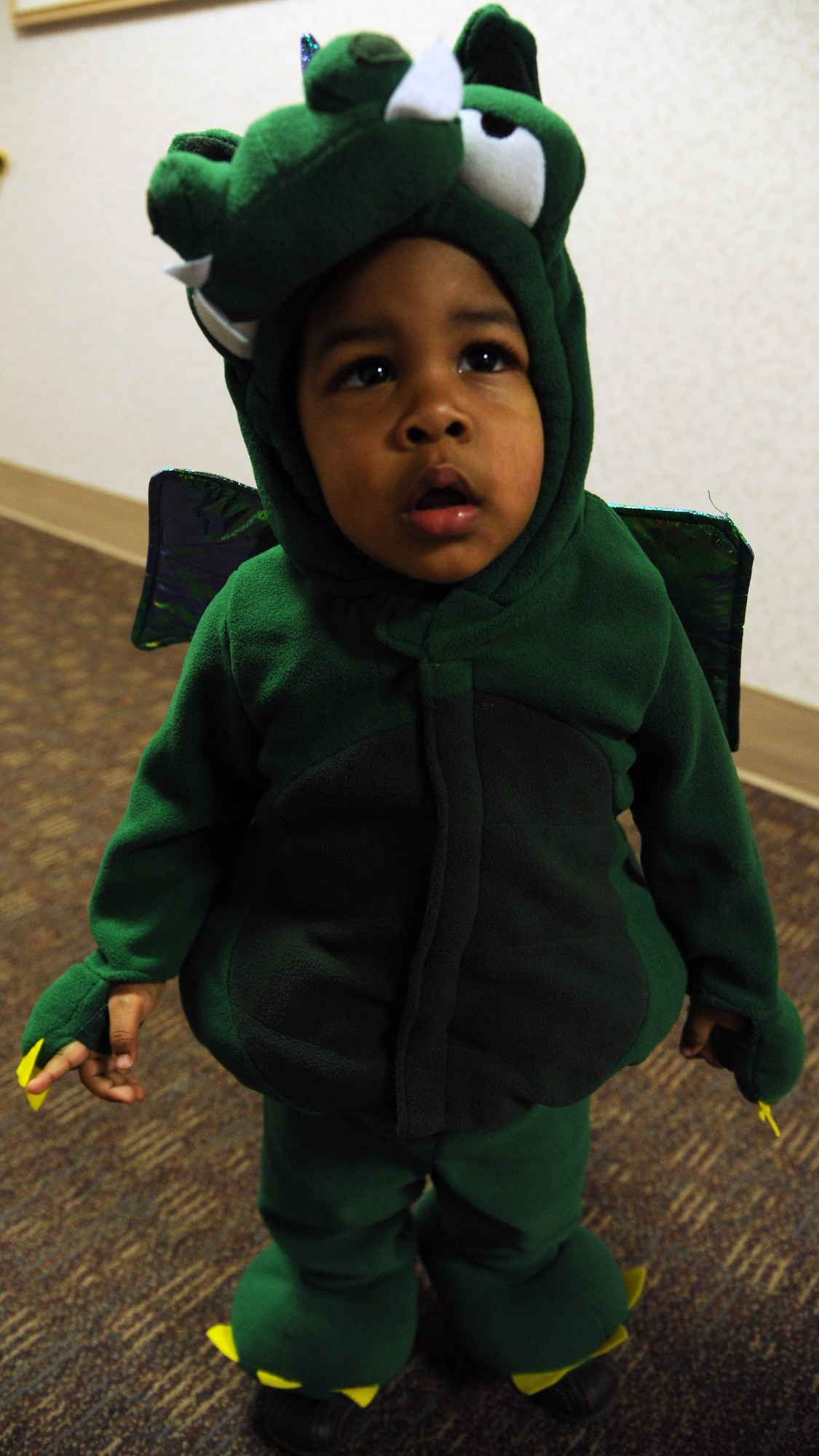 Jaden Skinner – whose dad Senior Airman Kenneth Skinner works for the 319th Logistics Readiness Squadron - poses in his costume while trick or treating at the medical clinic on Grand Forks Air Force Base, N.D., on Oct. 31, 2011.  The 319th Medical Group hosts trick or treating every year as a way for children and families to enjoy the holiday.  (U.S. Air Force photo by Airman 1st Class Xavier Navarro)