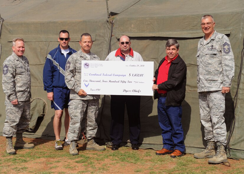 Members of the Dyess Chiefs Group present a check for the Combined Federal Campaign on Oct. 28, 2011, at Dyess Air Force Base, Texas. The Dyess Chiefs Group raised $1,432 to support the CFC. (U.S. Air Force photo by Airman 1st Class Cierra Bullock)