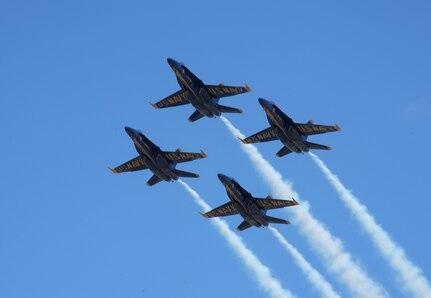 The Navy Blue Angels practice Oct. 28 for the 2011 Randolph Air Force Base Airshow. The aerial demonstrations highlight the unique capabilities of the American military services, while showcasing the world's most technologically advanced air and space force and capabilities not ordinarily seen. (U.S. Air Force photo/Joel Martinez)