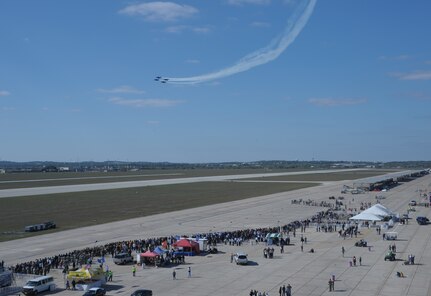 The Navy Blue Angels practice Oct. 28 for the 2011 Randolph Air Force Base Airshow.  The aerial demonstrations highlight the unique capabilities of the American military services, while showcasing the world's most technologically advanced air and space force and capabilities not ordinarily seen. (U.S. Air Force photo/Joel Martinez)