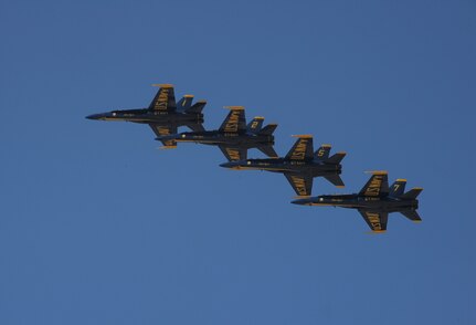 The Navy Blue Angels practice Oct. 28 for the 2011 Randolph Air Force Base Airshow.  The aerial demonstrations highlight the unique capabilities of the American military services, while showcasing the world's most technologically advanced air and space force and capabilities not ordinarily seen. (U.S. Air Force photo/Joel Martinez)