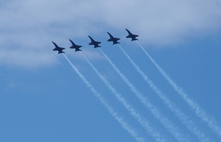 The Navy Blue Angels practice Oct. 28 for the 2011 Randolph Air Force Base Airshow.  The aerial demonstrations highlight the unique capabilities of the American military services, while showcasing the world's most technologically advanced air and space force and capabilities not ordinarily seen. (U.S. Air Force photo/Joel Martinez)