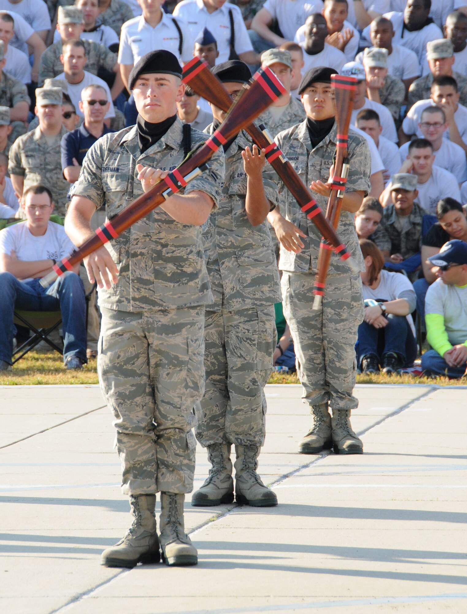 The 336th Training Squadron freestyle drill team performs during the quarterly drill down competition Oct. 28, 2011, at Keesler Air Force Base, Miss.  The Red Wolves placed second in open ranks and regulation and third in freestyle.  (U.S. Air Force photo by Kemberly Groue)