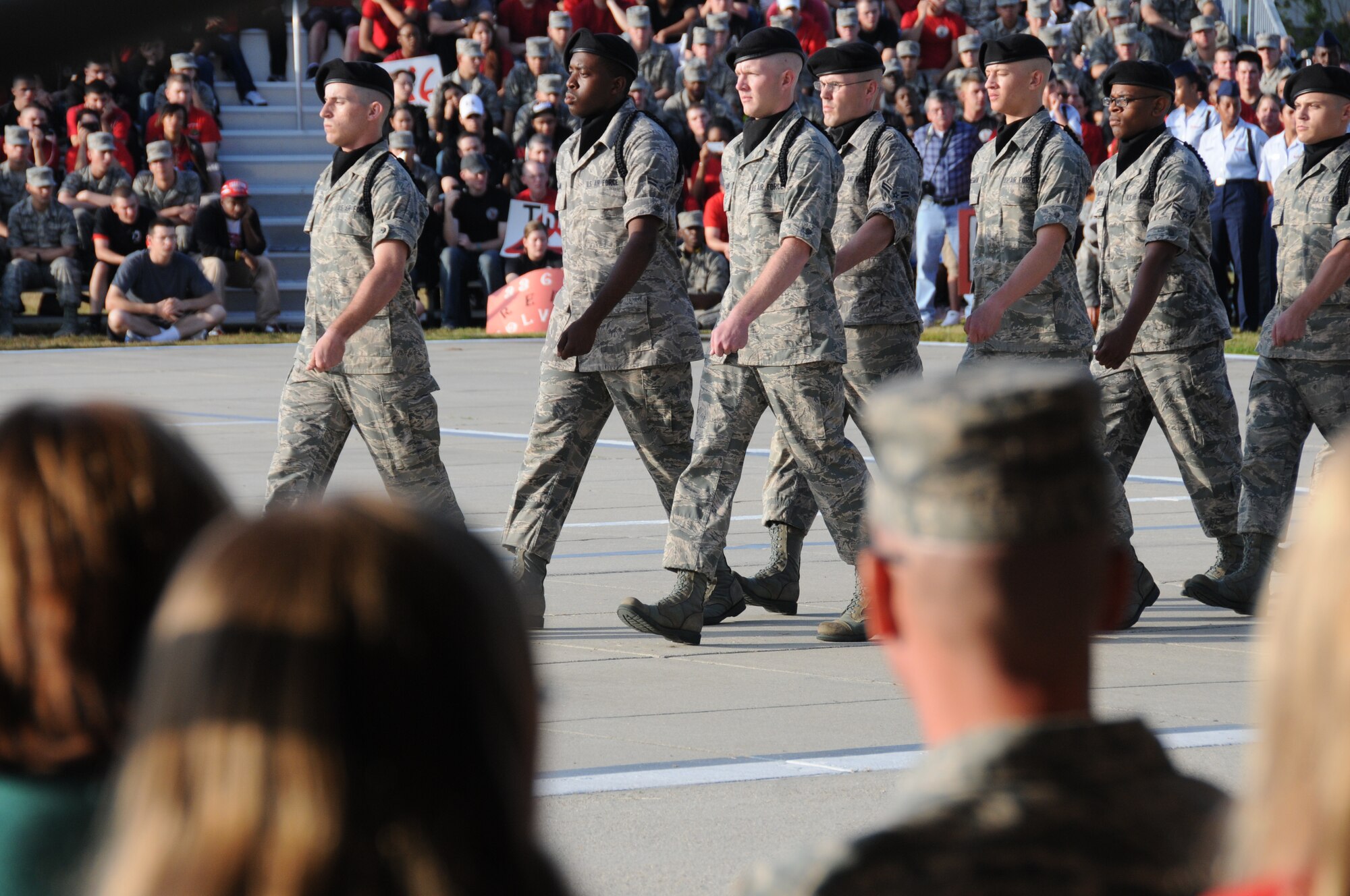 The 334th Training Squadron regulation drill team enter the field of regulation during the quarterly drill down competition Oct. 28, 2011, at Keesler Air Force Base, Miss.  The Gators swept the drill down competition placing first in each category as well as being named the overall winners.  (U.S. Air Force photo by Kemberly Groue)