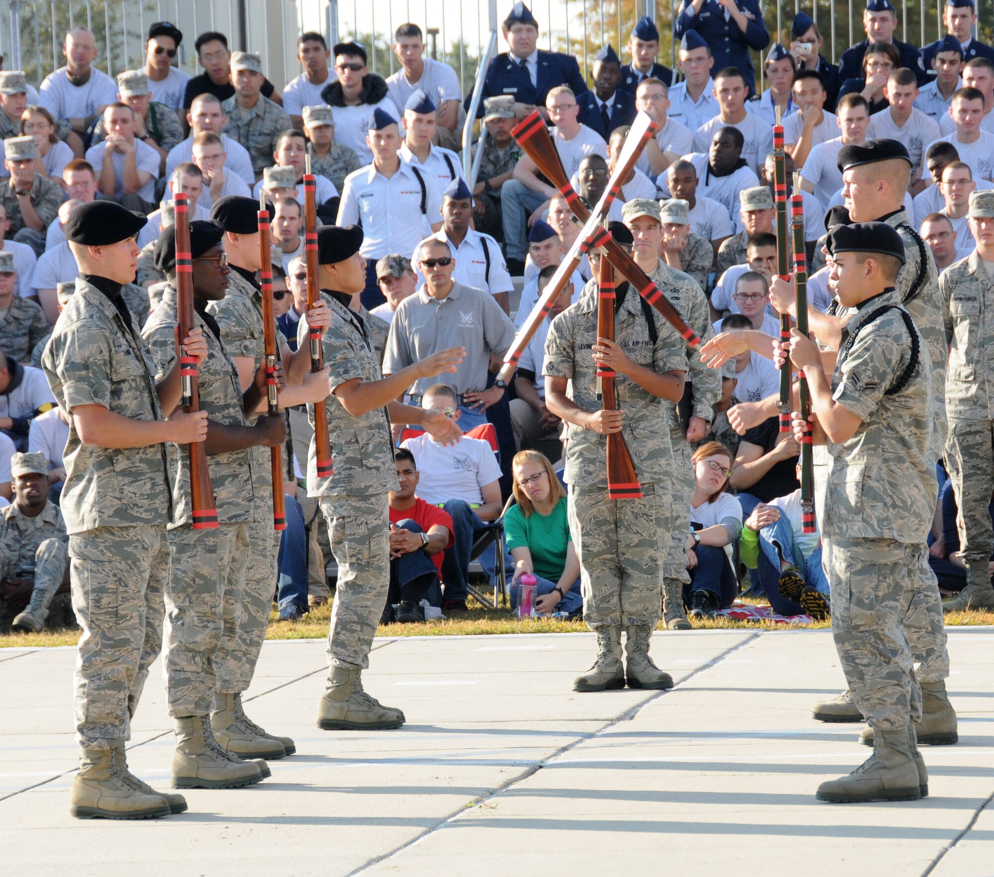 The 336th Training Squadron freestyle drill team performs during the quarterly drill down competition Oct. 28, 2011, at Keesler Air Force Base, Miss.  The Red Wolves placed second in open ranks and regulation and third in freestyle.  (U.S. Air Force photo by Kemberly Groue)